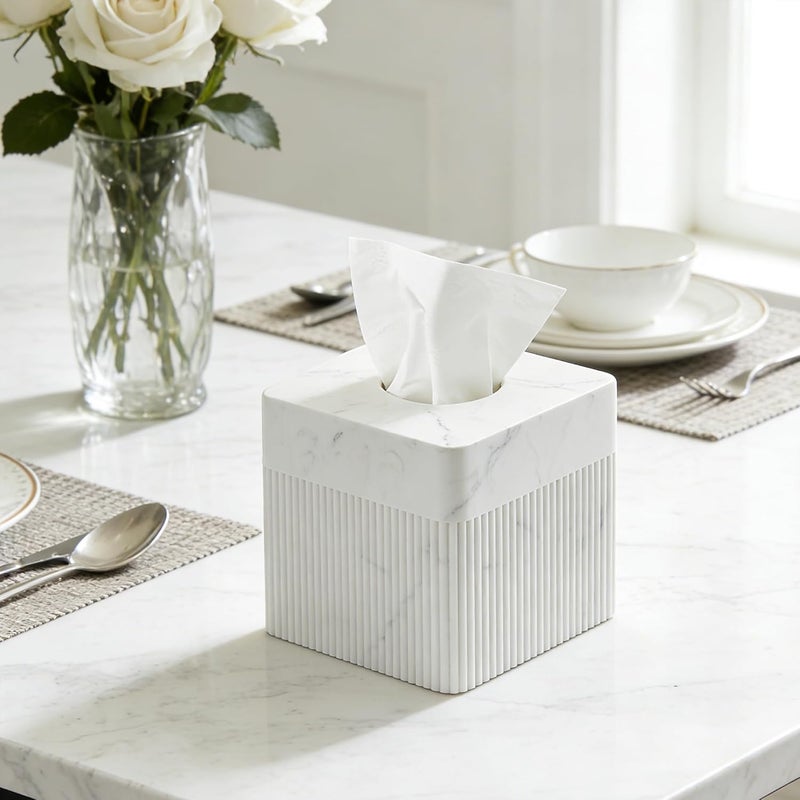 Polytree White Tissue Box Cover Square Resin Tissue Holder for Home Decor, Hand Poured Marble Ribbed Cube Tissue Box Holder – 5.5 Inch Heavy Duty Luxury Tissue Box Case for Bathroom, Living Room, Office - Image 2